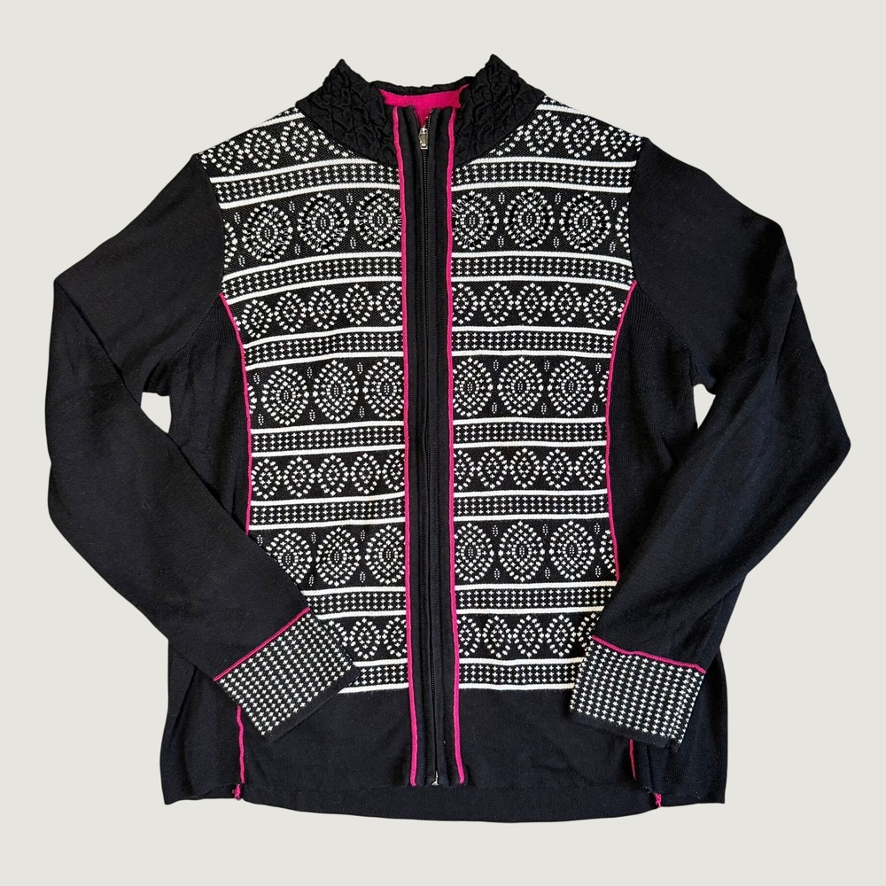 VTG Christopher Banks Beaded Full Zip Cardigan Sweater Black Pink White Size M